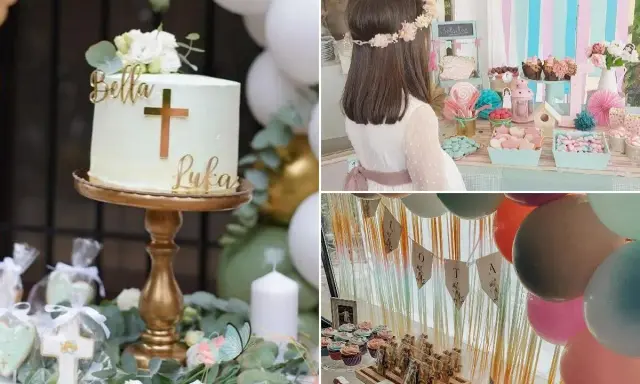 Un pastel de comunión y un buffet chuches para comuniones con dulces, galletas y globos.