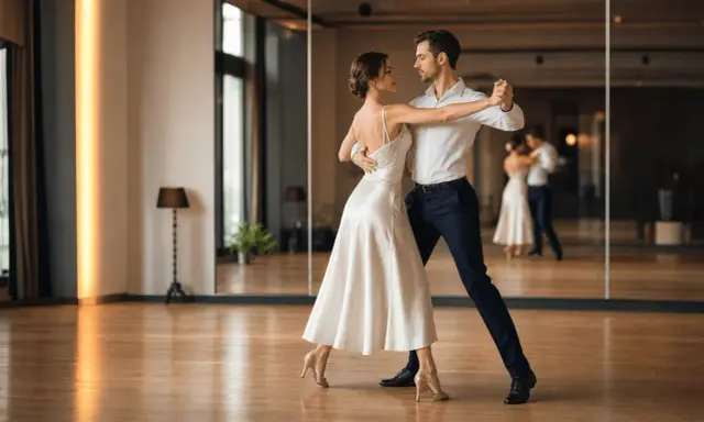 Para, tańcząc w eleganckim stroju, tworzy z partnerem piękną choreografię.