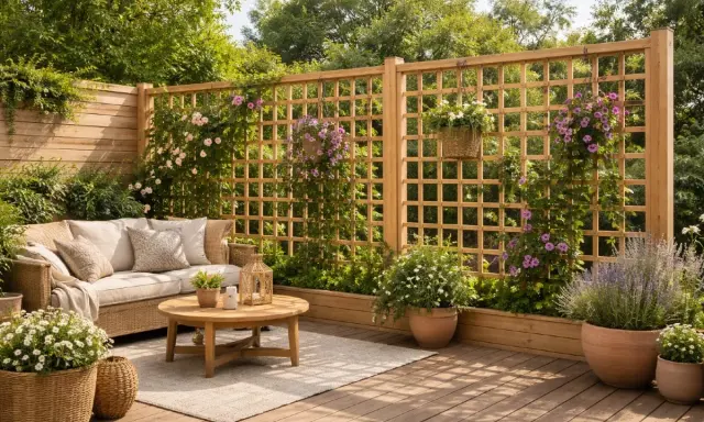 En inbjudande uteplats med bekväm soffa, runt träbord och blommor. Träspaljén är perfekt för att behandla trall och klätterväxter.