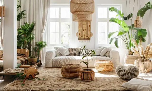 Un salon boheme nature, avec un canapé blanc, beaucoup de plantes vertes, des paniers en rotin et une suspension en osier.