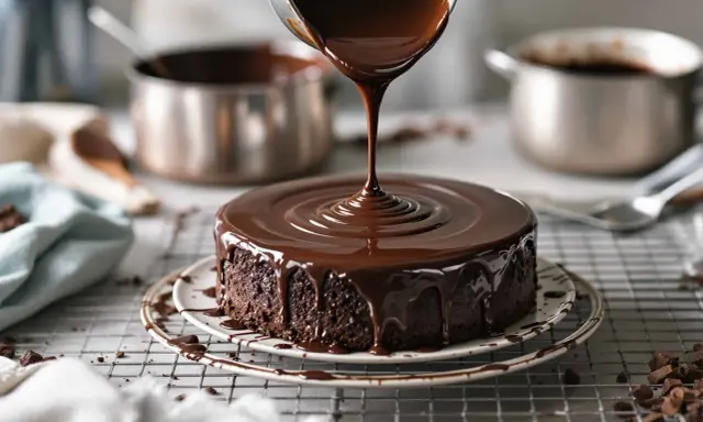 Un gâteau au chocolat moelleux reçoit le meilleur glaçage au chocolat, coulant sur les côtés.
