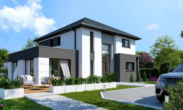Plan maison 3 chambres moderne avec terrasse, jardin et voiture garée.