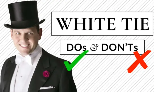 Man in a tuxedo and top hat, with a white bow tie, demonstrating how to wear a white tie with "Dos & Don'ts" text.