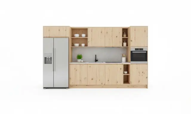 Cuisine 8m2 moderne avec réfrigérateur argenté, placards en bois clair, évier noir et four intégré.