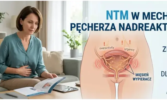 Kobieta z bólem brzucha czyta ulotkę. Obok schemat pęcherza nadreaktywnego, pokazujący objawy: nadreaktywność i nagłe parcie.