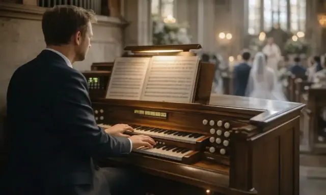 Mężczyzna gra na organach w kościele podczas ślubu. W tle para młoda i goście. Ile bierze organista za ślub?