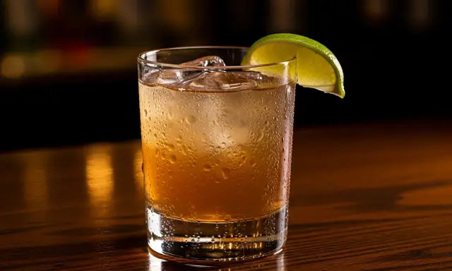 En mörk och stormig drink med is och en limeklyfta, perfekt för en mysig kväll.
