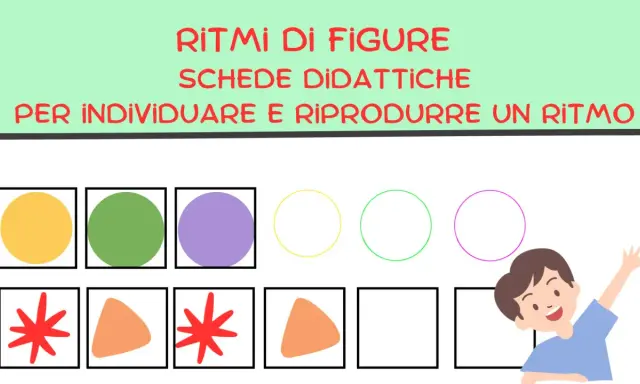Schede didattiche per scuola infanzia: ritmi e sequenze con figure colorate e vuote. Obiettivi: individuare e riprodurre un ritmo.