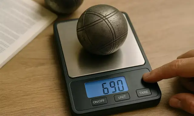 Une boule de pétanque sur une balance numérique affiche 690. Le poids de la boule est mesuré.