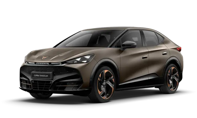 Brązowy Cupra Tavascan z miedzianymi akcentami na felgach i karoserii. Nowoczesny design SUV-a coupe.