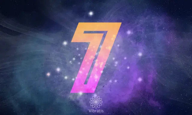 Le chiffre 7 signification dans un ciel étoilé cosmique, avec des nébuleuses violettes et des étoiles scintillantes.