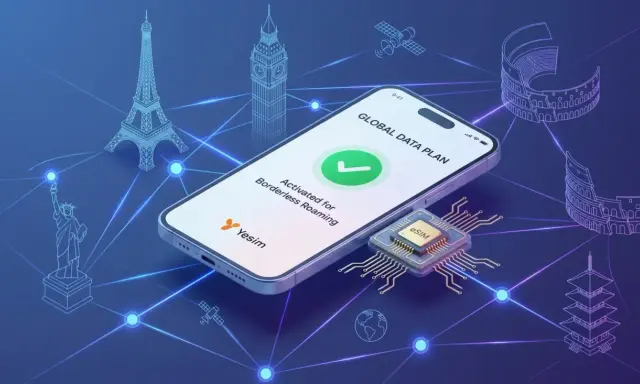Telefon z esim umożliwia globalny roaming. Na ekranie widnieje potwierdzenie aktywacji planu danych.
