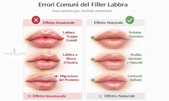 Confronto tra filler labbra tecniche: effetti innaturali (labbra troppo grandi, a becco d'anatra, migrazione) e naturali (volume armonico, profilo morbido, contorni definiti).