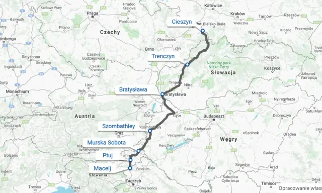 Trasa Polska-Chorwacja samochodem przez Czechy, Słowację i Węgry, z zaznaczonymi miastami Cieszyn, Trenczyn, Bratysława, Szombathely, Murska Sobota, Ptuj i Macelj.