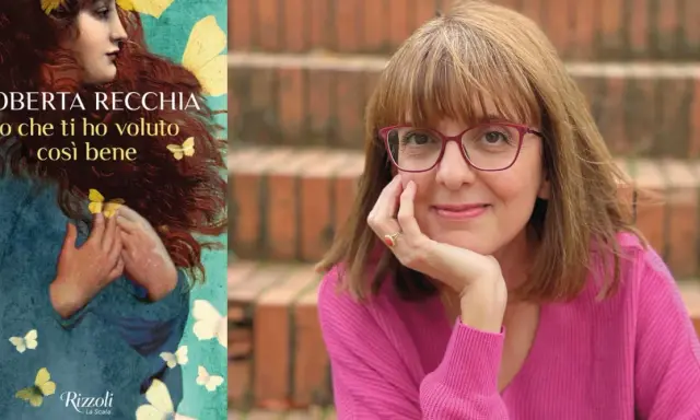 Roberta Recchia, autrice di "Io che ti ho voluto così bene", sorride con una mano sul viso, circondata da farfalle.