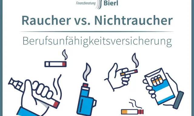 Raucher vs. Nichtraucher: Berufsunfähigkeitsversicherung. Illustrationen von Zigaretten, E-Zigaretten und Feuerzeugen.
