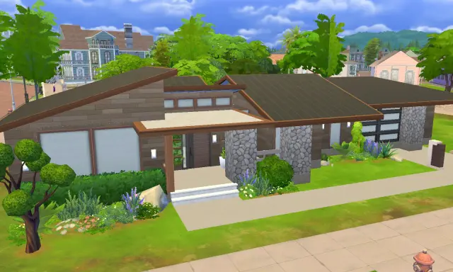 Nowoczesny dom z kamienia i drewna, idealny do pobrania w The Sims 4.