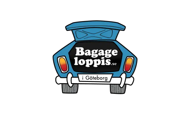Blå bil med öppen baklucka där det står "Bagage loppis.se i Göteborg". En rolig logotyp för en loppis i Slottsskogen.