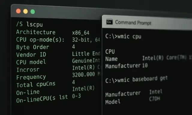 Jak sprawdzić ilość rdzeni procesora? Na ekranie widać terminal z komendami `lscpu` i `wmic cpu`, które pokazują szczegóły procesora, w tym liczbę rdzeni.