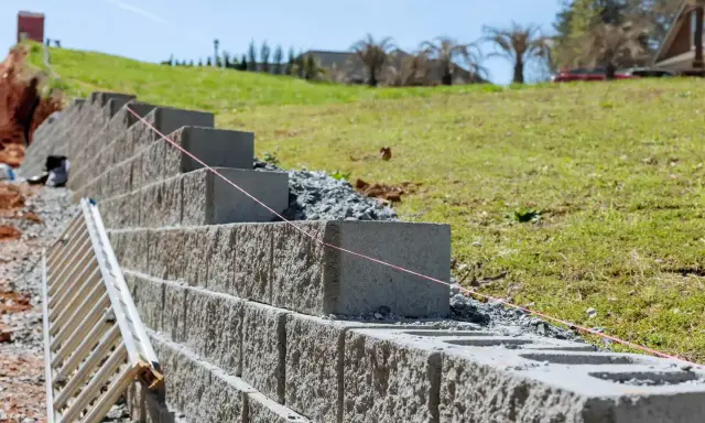 Budowa murek oporowy z bloczków betonowych, najtaniej i solidnie. Widać drabinę i sznur do poziomowania.
