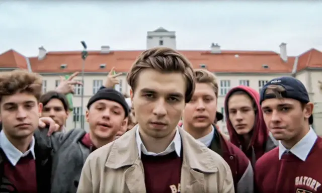 Grupa młodych ludzi przed budynkiem liceum. Czy to właśnie do jakiego liceum chodził Mata?