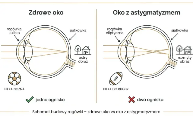 Zdrowe oko ma kulistą rogówkę i jedno ognisko, dając ostry obraz. Oko z astygmatyzmem ma eliptyczną rogówkę, co powoduje dwa ogniska i rozmyty obraz.