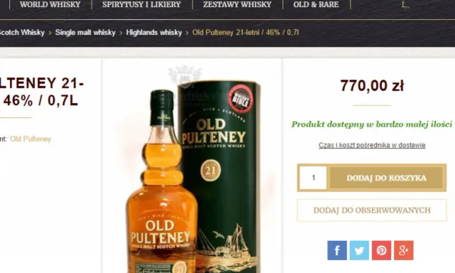 Butelka i tubka whisky Old Pulteney 21-letniej.