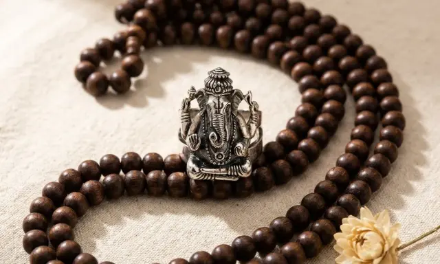 En silverring med Ganesha, omgiven av ett radband av träpärlor. En symbol för visdom och lycka, perfekt för att recitera ganesha mantra.