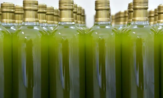 Botellas alineadas llenas de un líquido verde vibrante, reflejando el color del aceite de oliva virgen extra.