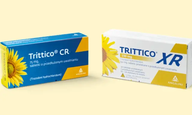 Dwa opakowania leku Trittico CR i Trittico XR z symbolem słonecznika.