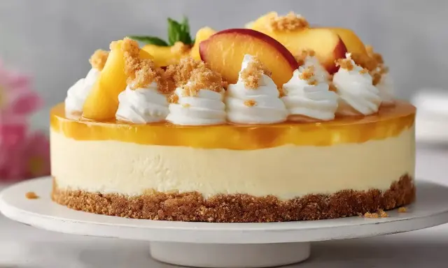 Eine köstliche Solero Torte mit Pfirsichspalten, Sahnetuffs und Streuseln auf einem Keksboden.