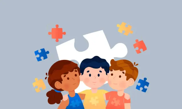 Tres niños se abrazan, rodeados de piezas de rompecabezas. Una guía para como evaluar a un niño con autismo en la escuela.