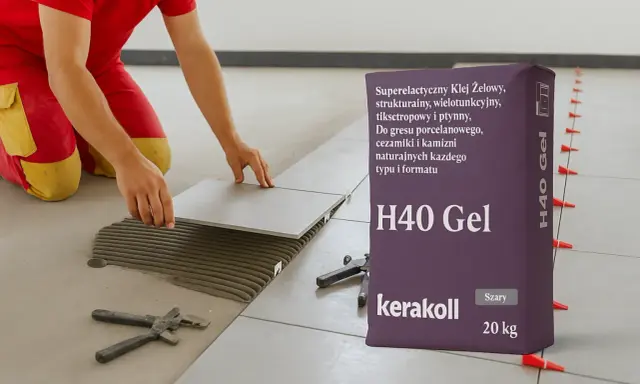 Układanie płytek na zewnątrz? Sprawdź, jaki klej do płytek na zewnątrz wybrać. Na zdjęciu worek z klejem H40 Gel Kerakoll.