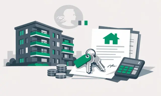 Immeuble, clés, contrat, calculatrice et pièces symbolisant le taux d'endettement pour un investissement locatif.