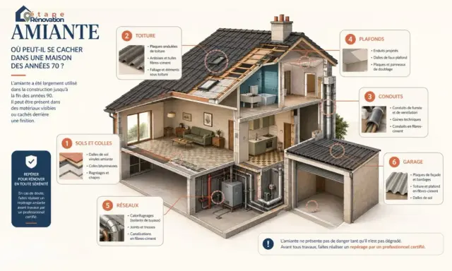 Illustration d'une maison des années 70 coupée en deux, montrant où l'amiante peut se cacher : toiture, sols, conduits, plafonds, réseaux et garage. Repérage amiante avant travaux.