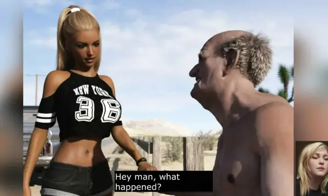Młoda kobieta pyta starszego mężczyznę "Hey man, what happened?". Scena przypomina porno z lektorem.