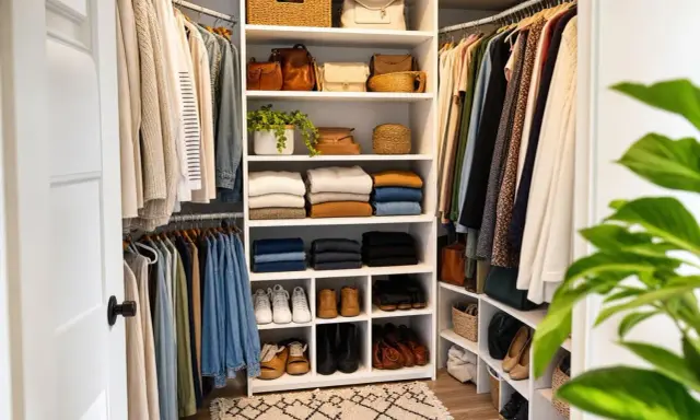 Un dressing bien organisé pour construire un meuble de rangement parfait. Vêtements, sacs et chaussures rangés sur des étagères.