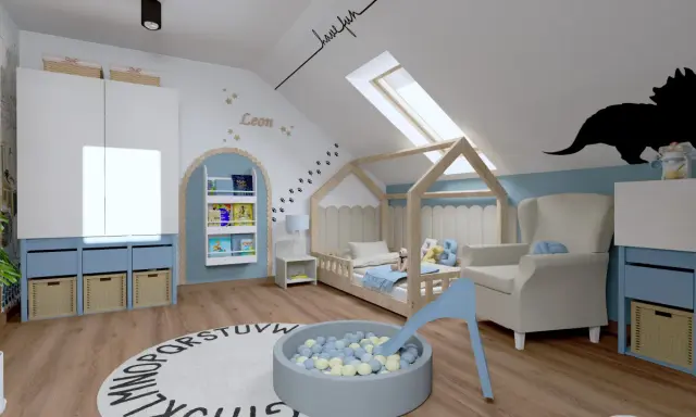 Pokój dziecięcy dla chłopca inspiracje: łóżko domek, basen z kulkami, fotel, szafa i dywan z literami.