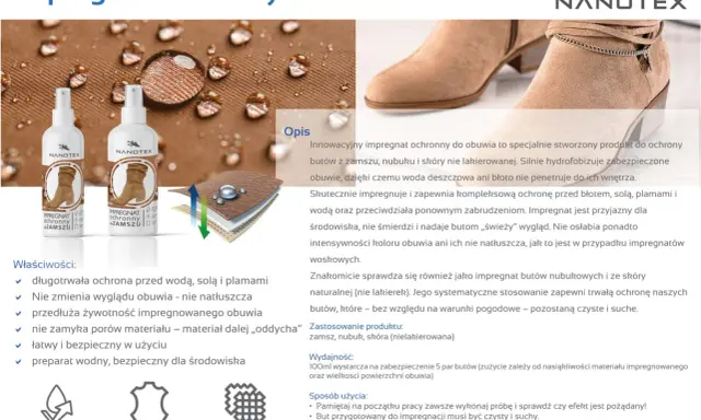Impregnacja zamszu Nanotex chroni buty przed wodą, solą i plamami, zachowując ich wygląd i "oddychanie".