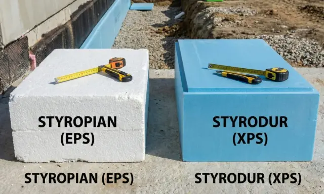 Biały styropian (EPS) i niebieski styrodur (XPS) leżą obok siebie. Miarka i nożyk pokazują, że oba materiały mają podobne właściwości izolacyjne.