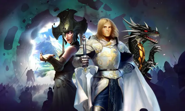 Rycerz, kobieta w hełmie i smok stoją na tle armii. Klimat jak w grach podobnych do Heroes 3.
