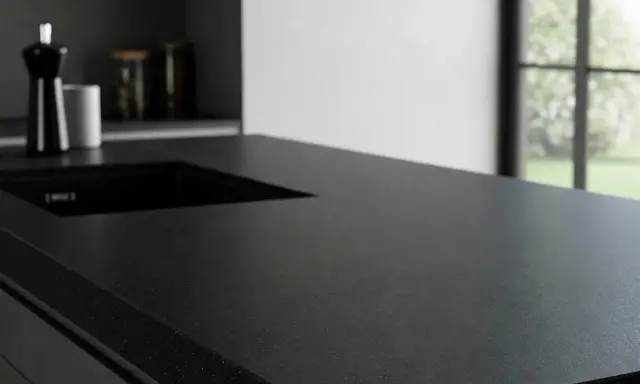 Ciemny, lśniący blat kuchenny z wycięciem na zlew. Dowiedz się, czym czyścić blaty kuchenne, by zachować ich piękny wygląd.
