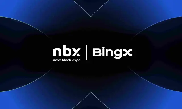 Logo NBX i BingX na tle grafiki z napisem "next block expo".