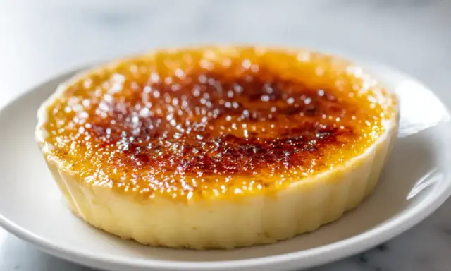 Crème brûlée à la vanille avec une croûte caramélisée dorée sur une assiette blanche.