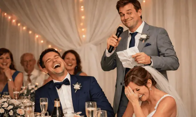 Un hombre da un discurso gracioso para bodas de oro, mientras la pareja ríe a carcajadas.