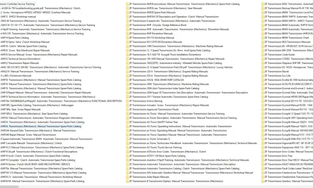 Liste de manuels pour transmissions ZF, incluant des guides de réparation, catalogues de pièces et informations techniques.