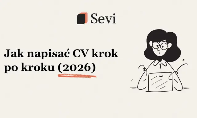Ilustracja z napisem "Jak napisać CV krok po kroku (2026)" i postacią kobiety przy laptopie.
