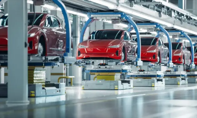 Línea de montaje de coches eléctricos rojos. Aunque se diga que los coches eléctricos no contaminan, su producción genera un impacto.