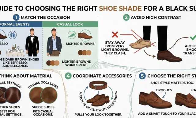 Guide to choosing brown shoes for a black suit. Dark brown shoes like espresso add elegance. Avoid very light browns.