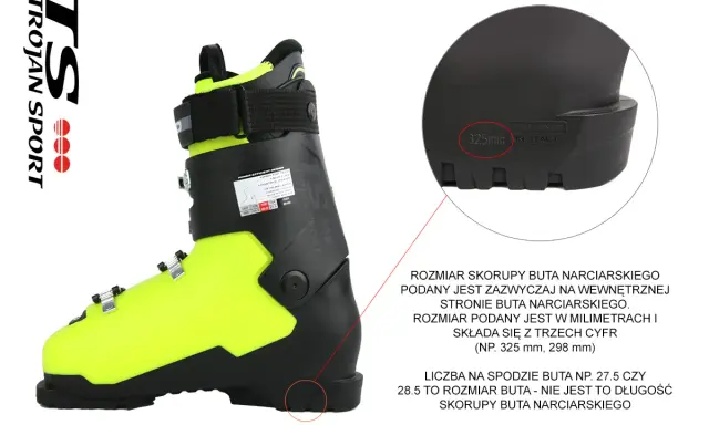 Jaskrawożółty but narciarski z czarnymi elementami. Powiększenie pokazuje rozmiar skorupy buta narciarskiego 325mm.